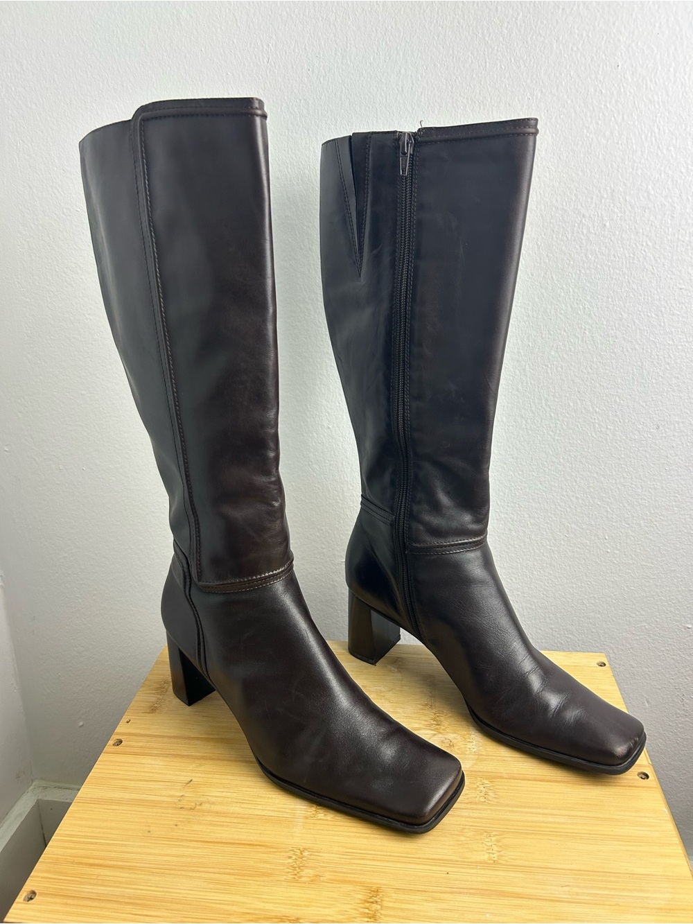 Vtg Nine & Company Over the Knee Chocolate Brown Leather Boots Square Toe 8.5M